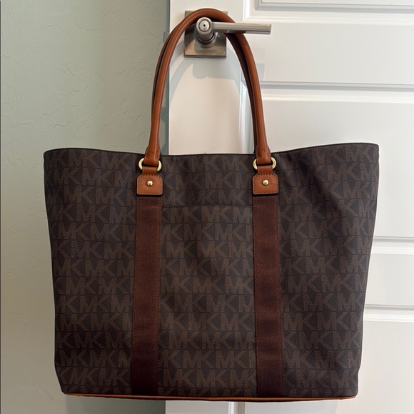 Michael Kors Brown Monogram Canvas with Leather Trim Travel Tote - Picture 6 of 9